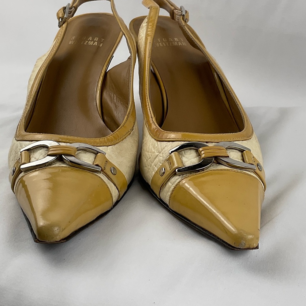 Stuart Weitzman‎ Yellow and Cream Slingback Heels - Picture 2 of 9